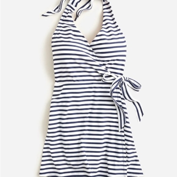 NWT J. Crew Navy and White Striped One-Piece Halter Swimsuit with Skirt Size 24 - Picture 1 of 10